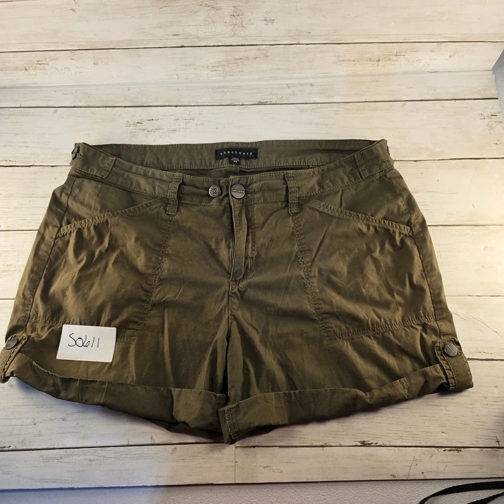 Sanctuary Womens Olive Green Cargo Shorts Cuffed Utility Size 28